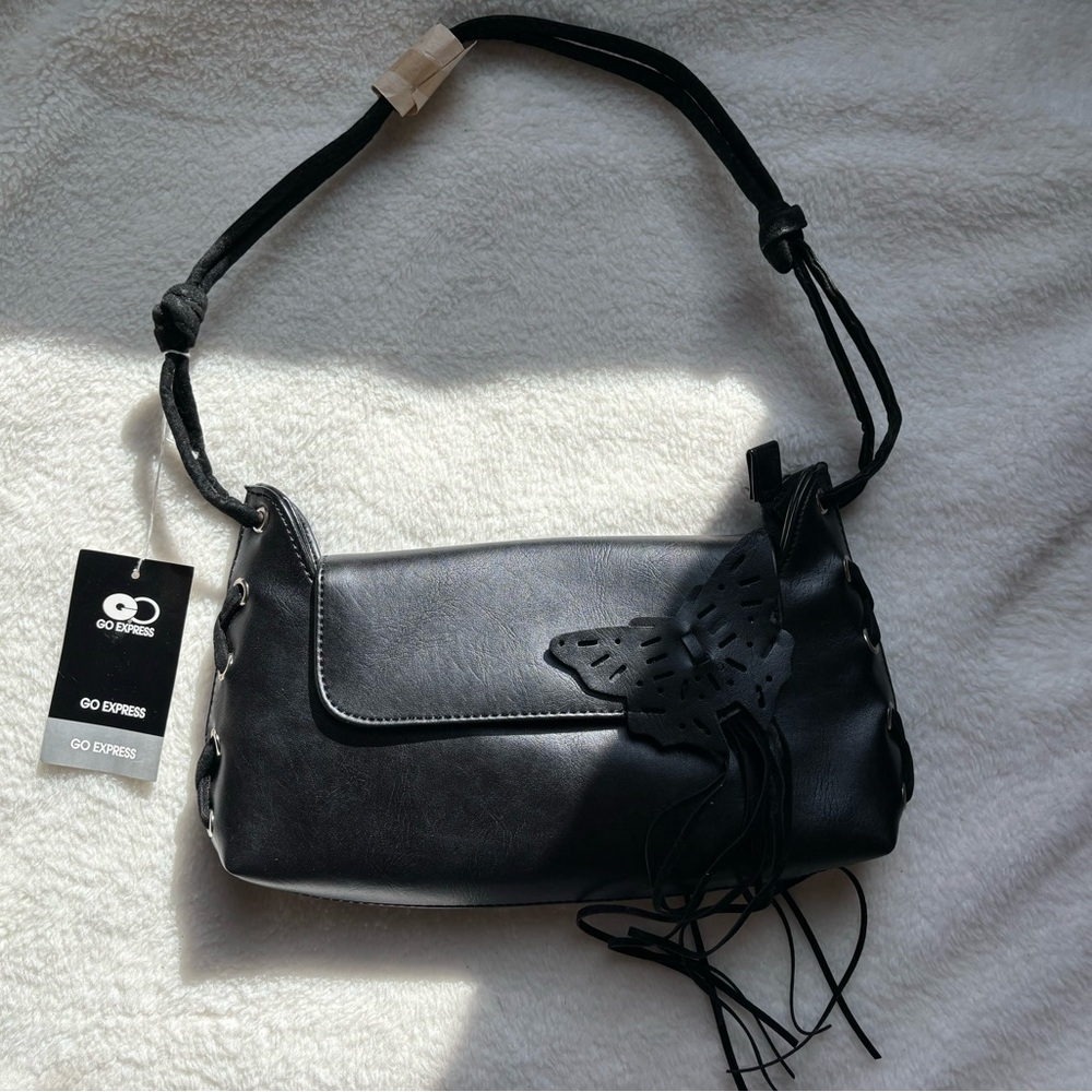 Black Vegan Leather Shoulder Bag with Butterfly Accent